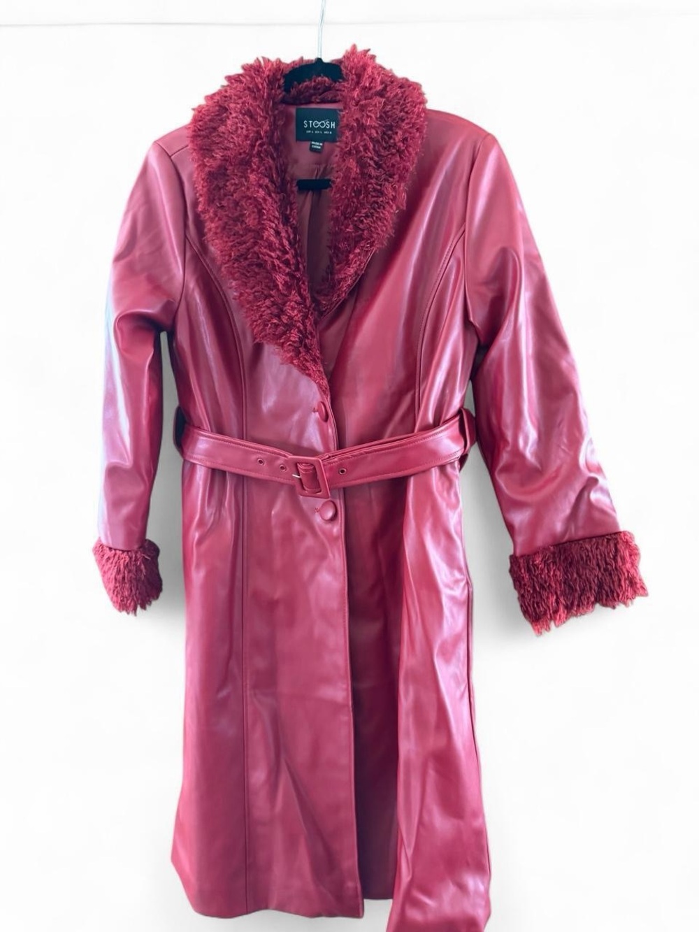 Stoosh Burgundy Faux Leather Belted Coat with Faux Fur Trim